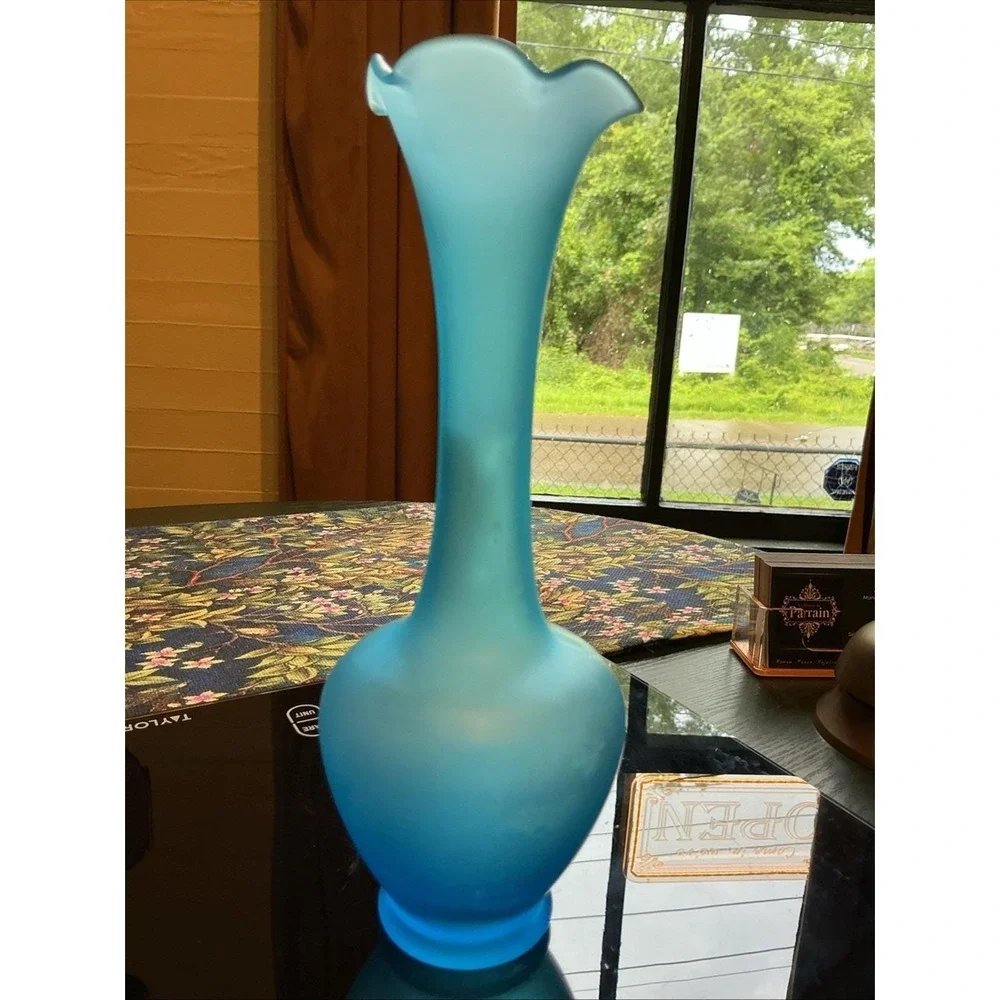 Vintage Peacock Blue Satin Glass 8 Inch High Bud Vase With Frosted Handle